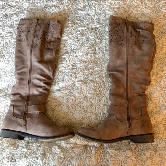 Tall Tan Cutout Buckle Boots - Picture 3 of 8